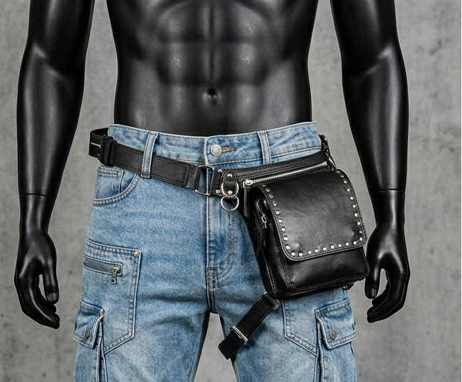 Punk studded black leather waist bag.