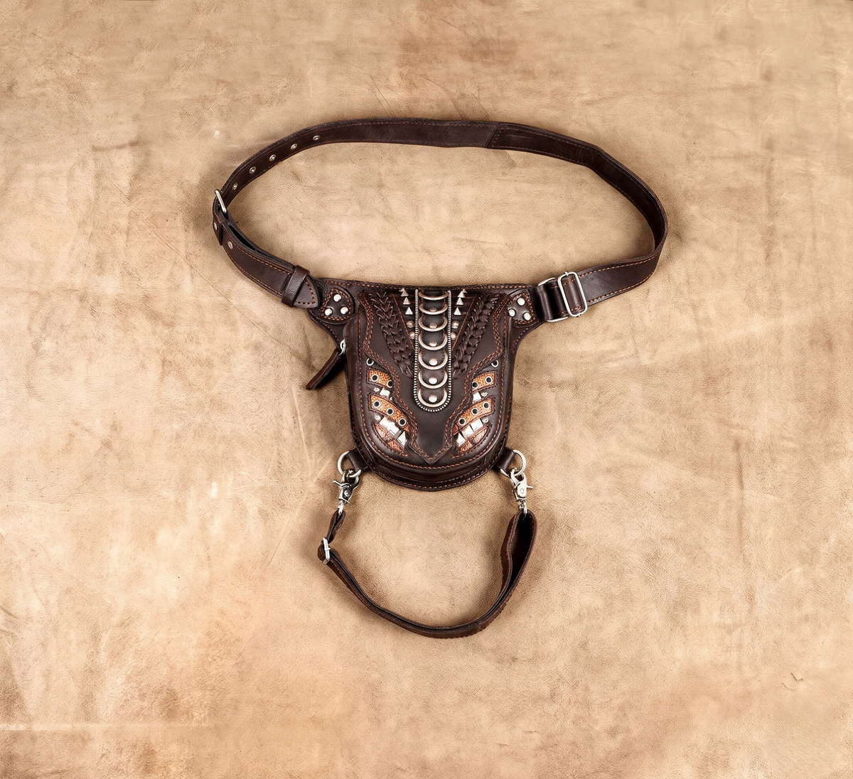 Unisex Black Leather Thigh Bag with Silver-Tone Studs, Adjustable Waist Belt & Leg Strap