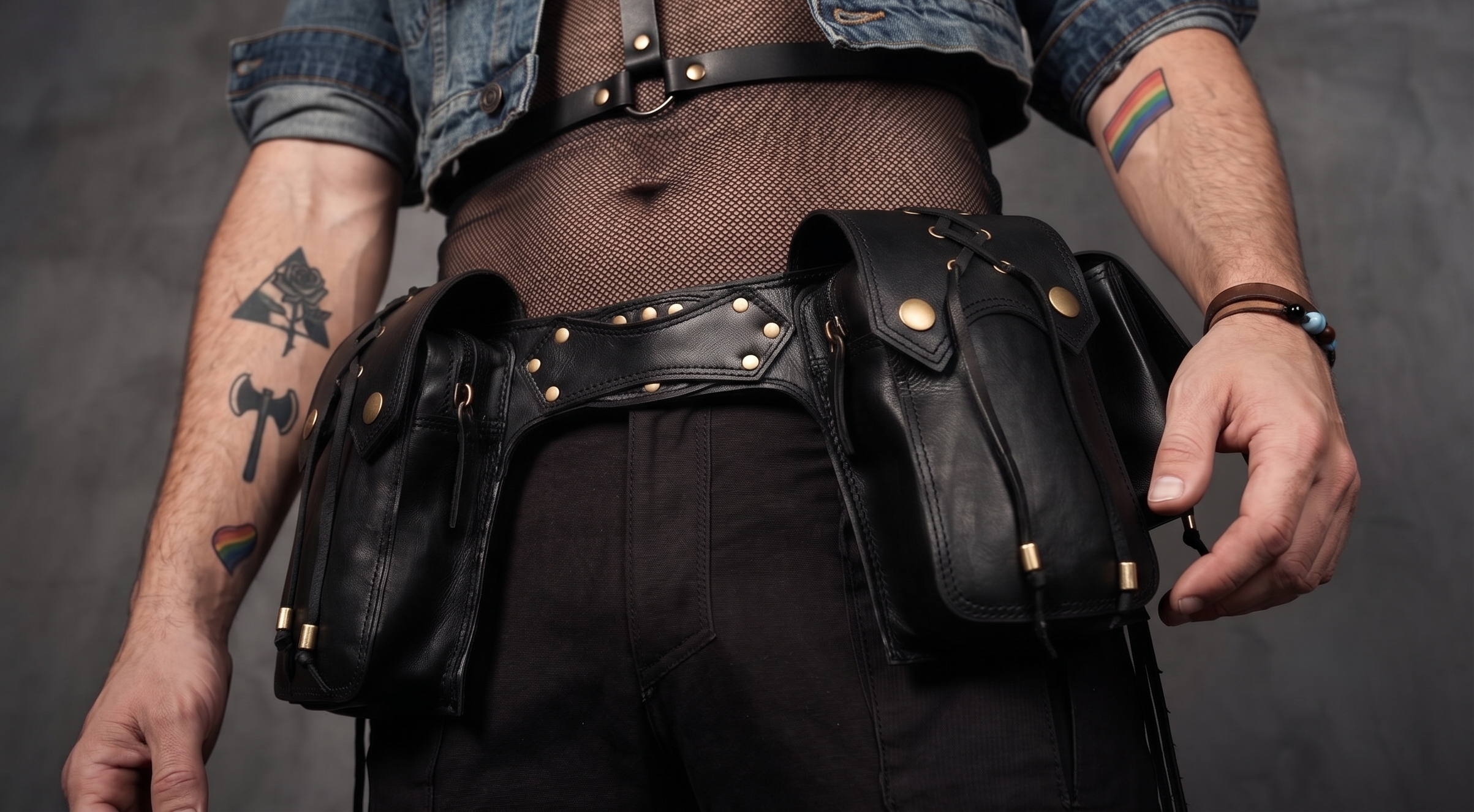 Wide black leather waist belt with utility pouches