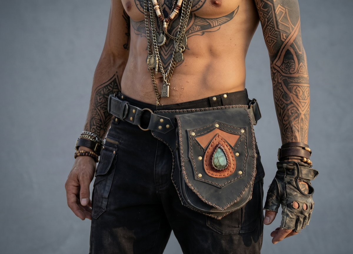 Unisex leather festival hip bag with gemstone and adjustable waist strap