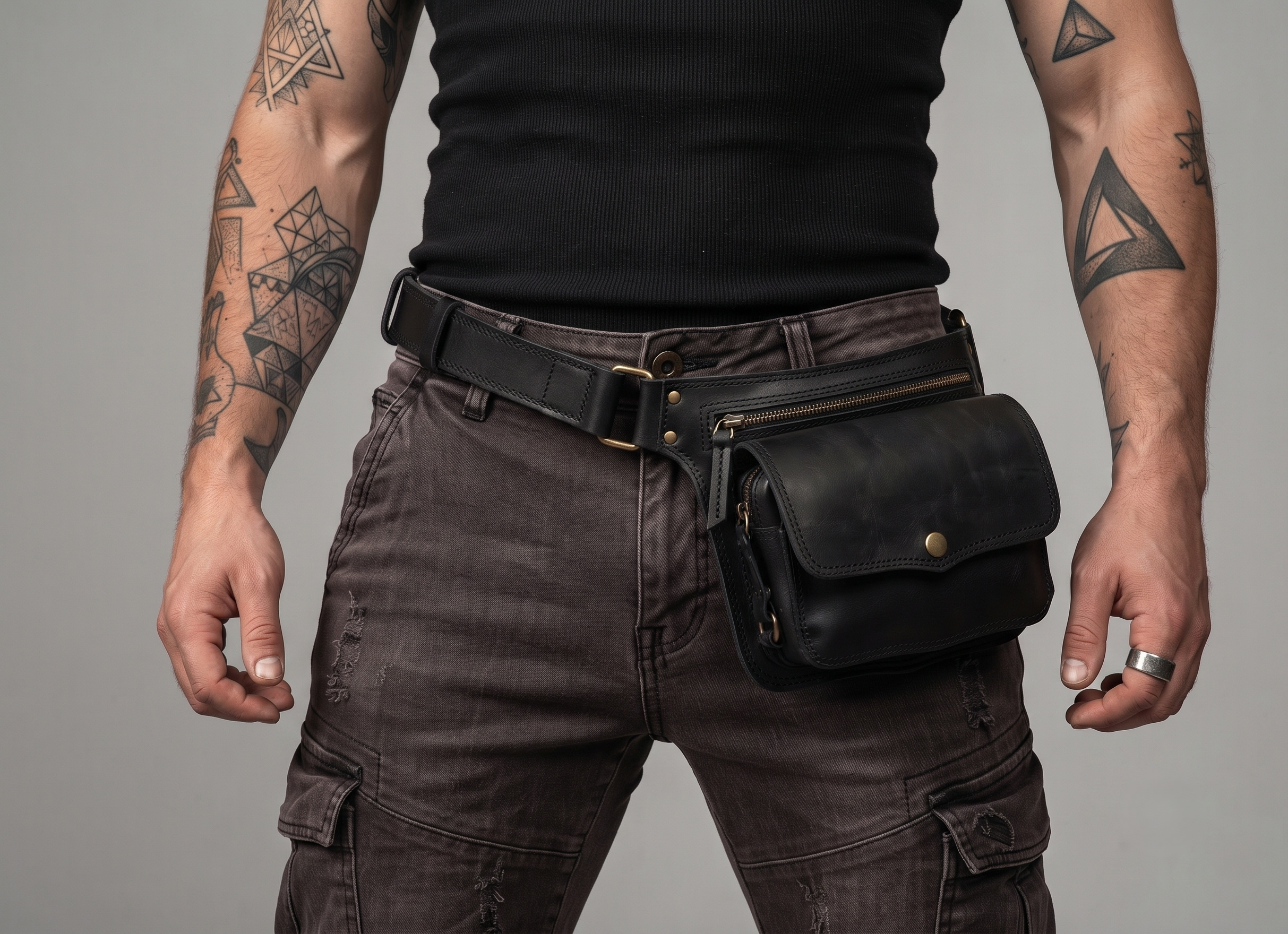 Black leather pouch bag with brass buckle