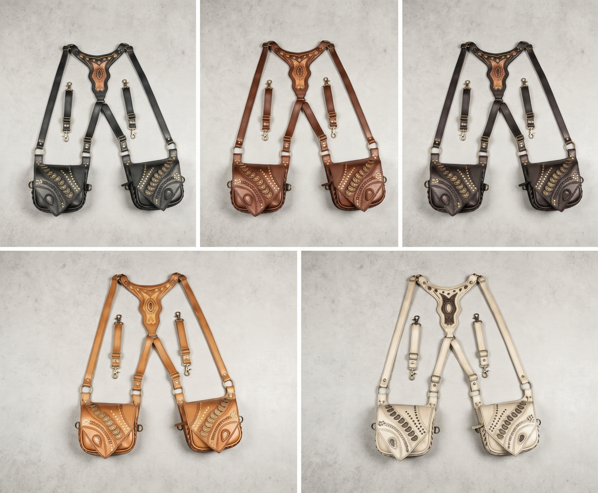 Black Leather Shoulder Holster Bag with Studded Dual Pouches