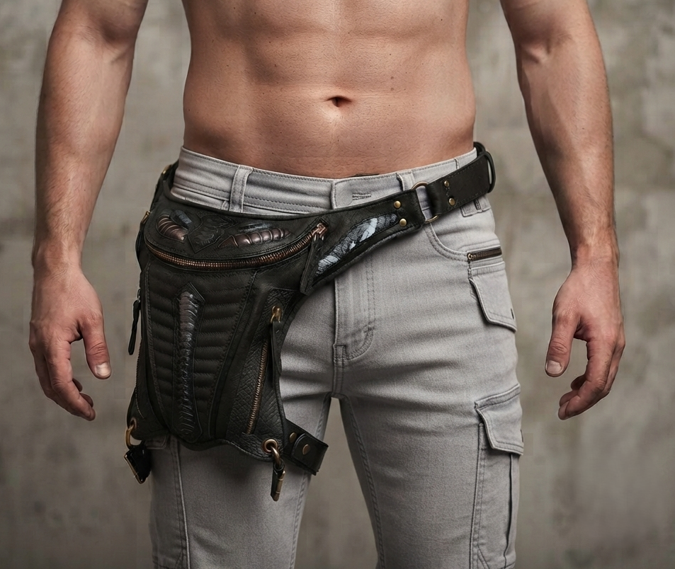 Handmade Black Leather Thigh Bag – Unisex Festival Utility Belt Pouch with Antique Brass Hardware