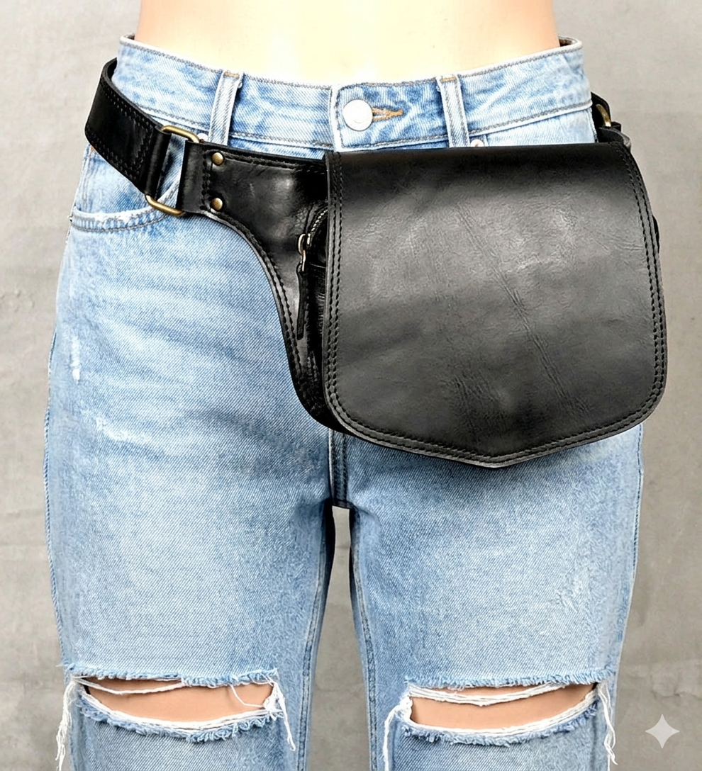 Black Leather Hip Bag with Antique Brass Hardware - Adjustable Utility Belt Pouch