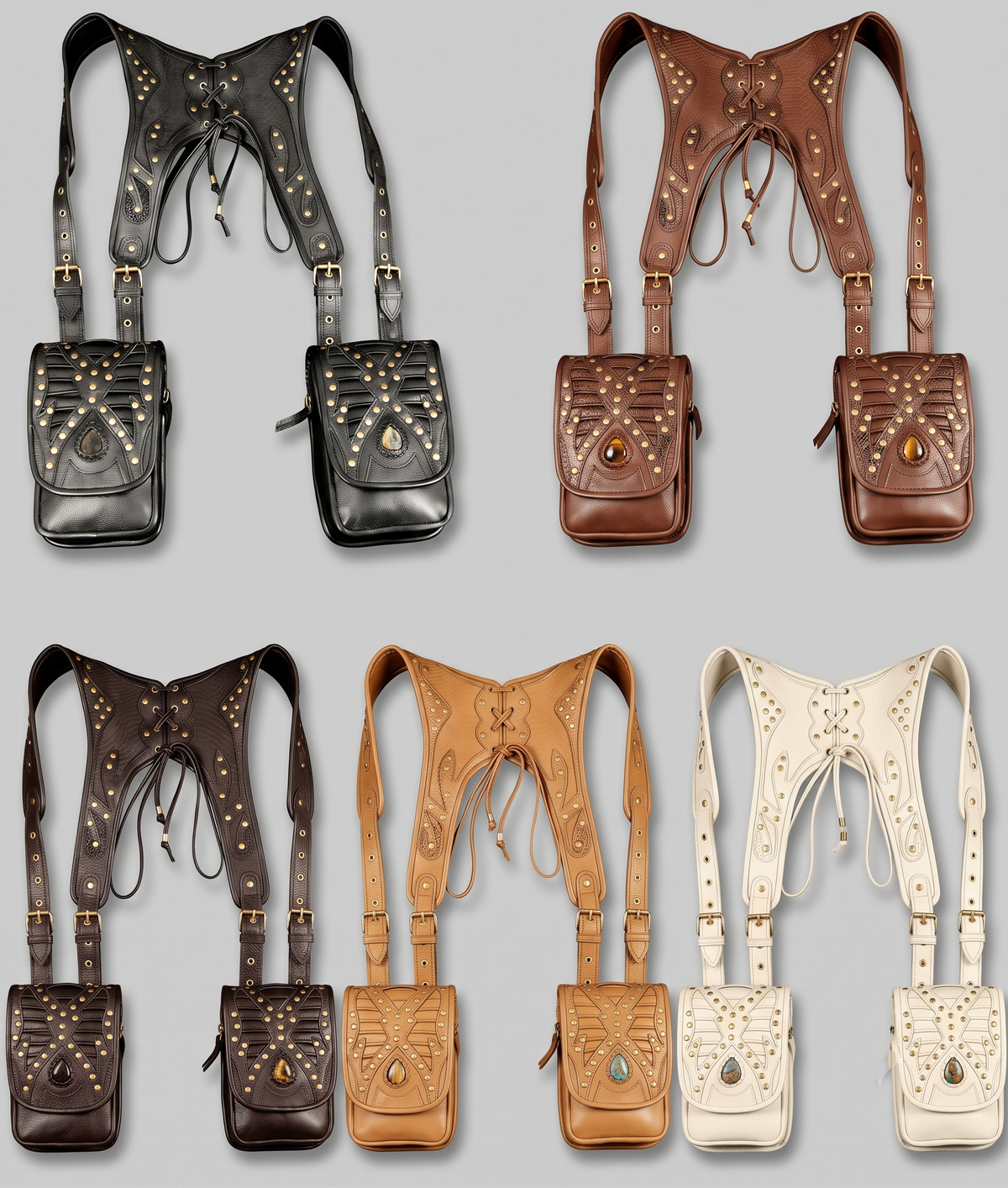 Double pouch festival harness with black leather straps and antique brass details
 