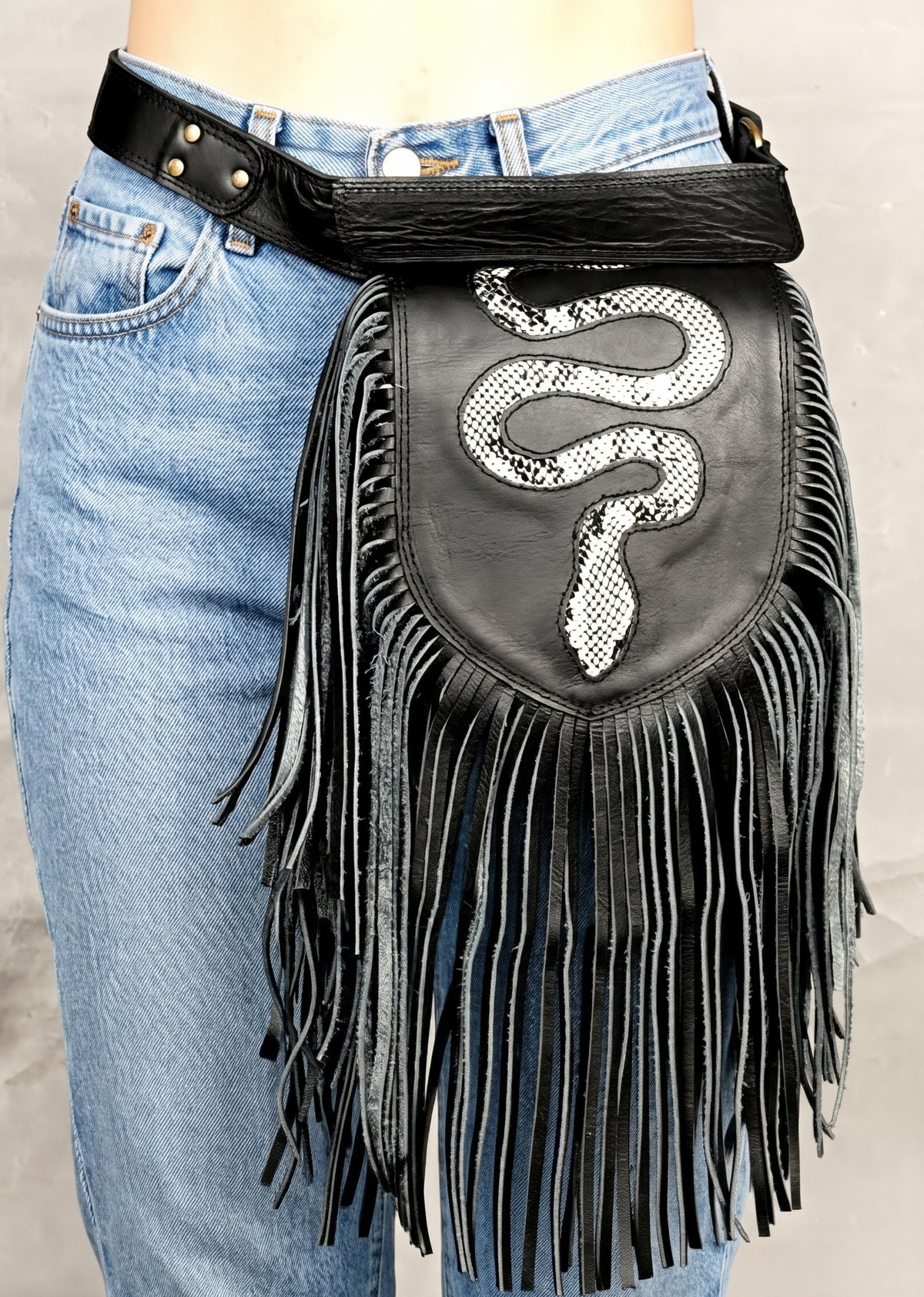 Black Leather Fringe Waist Bag Natural Labradorite Festival Hip Belt Boho Western