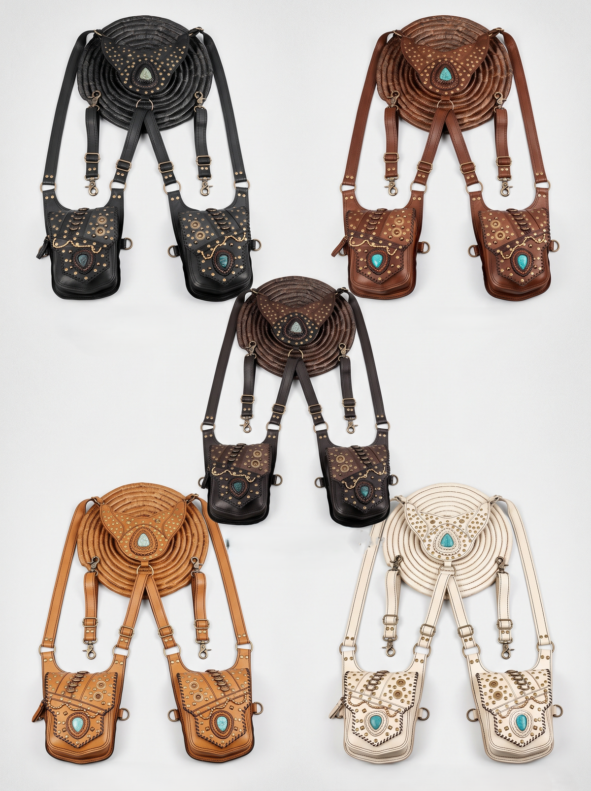 Steampunk festival accessory featuring double leather pouches turquoise stones and studded details
 
