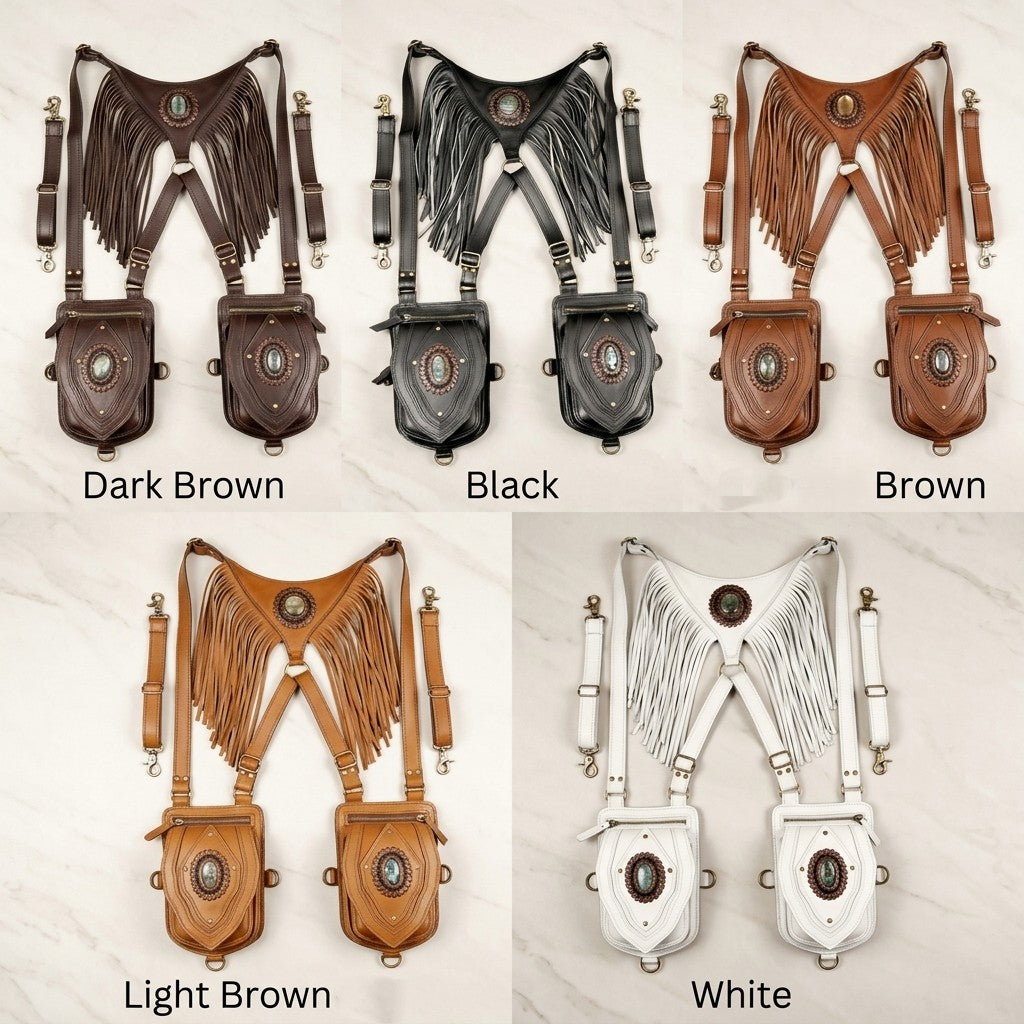 Dark aesthetic leather holster harness with fringe trim and stone-embellished utility pouches.