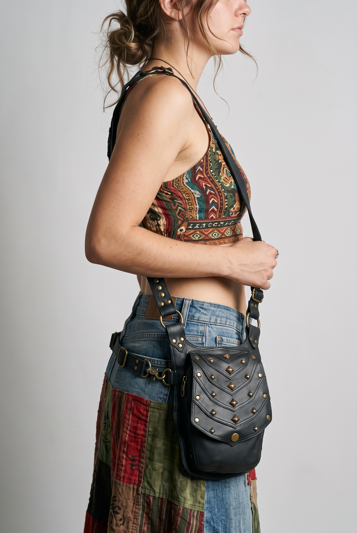 Handmade black leather utility holster bag with studded flap pockets