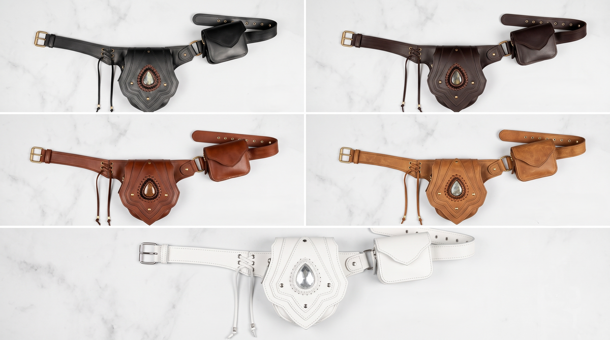 Black Leather Festival Belt Bag with Natural Labradorite Boho Utility Waist Pack