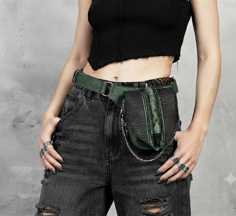 Unisex Green and Black Leather Waist Bag, Snakeskin Textured Festival Utility Belt Pouch with Antique Brass Hardware