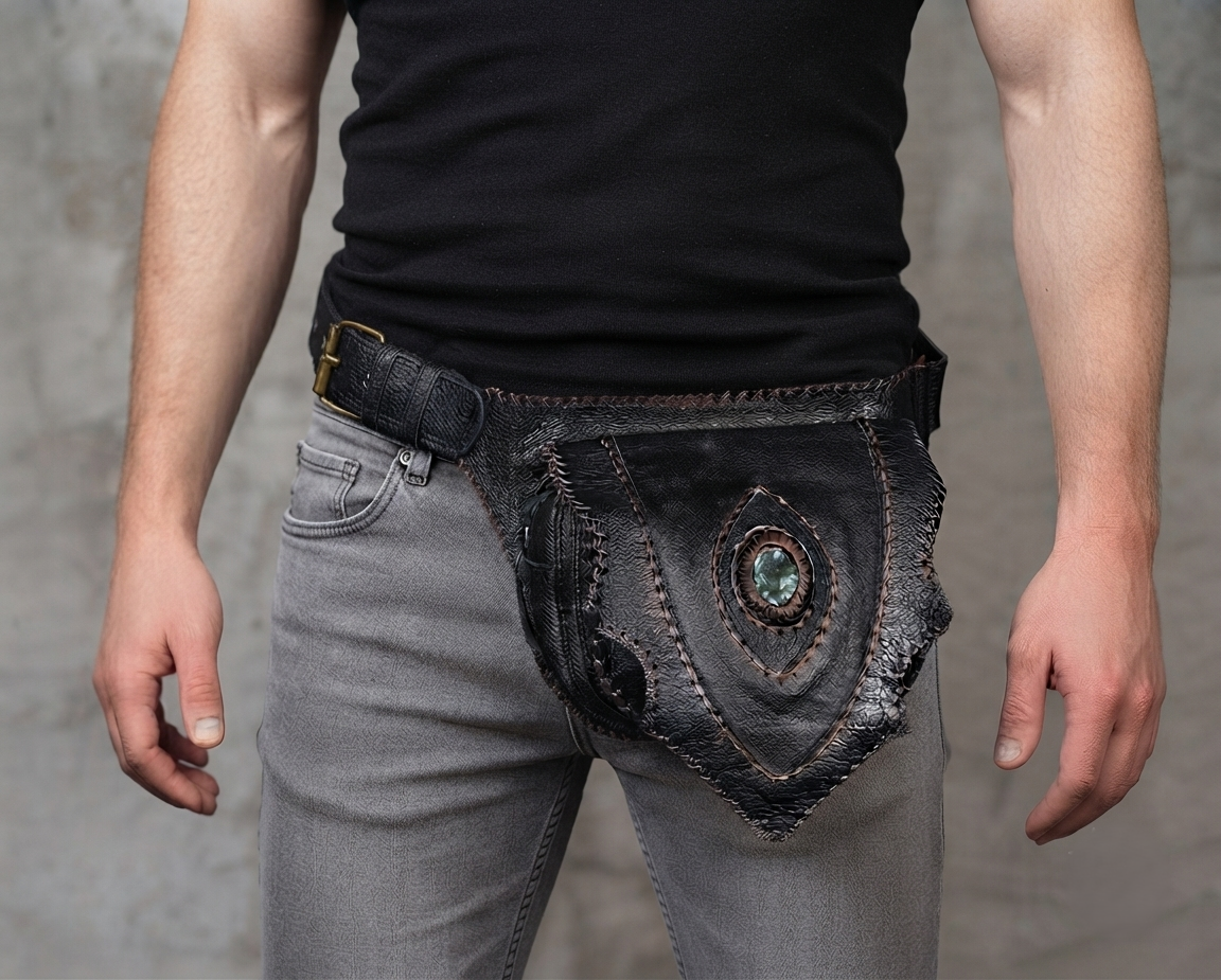 Handmade Black Leather Waist Belt Bag with Labradorite Stone and Antique Brass Hardware