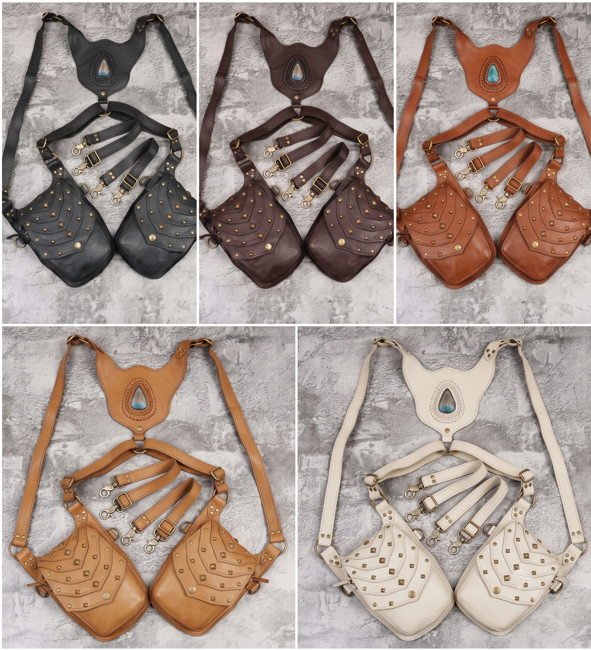 Black Leather Shoulder Holster Bag Unisex Harness Chest Pack with Natural Labradorite