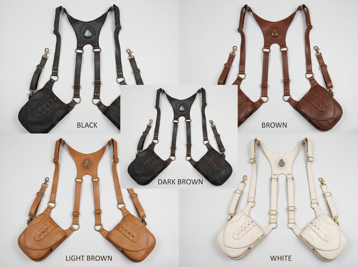 Black leather cosplay harness bag with two utility pouches and adjustable buckles