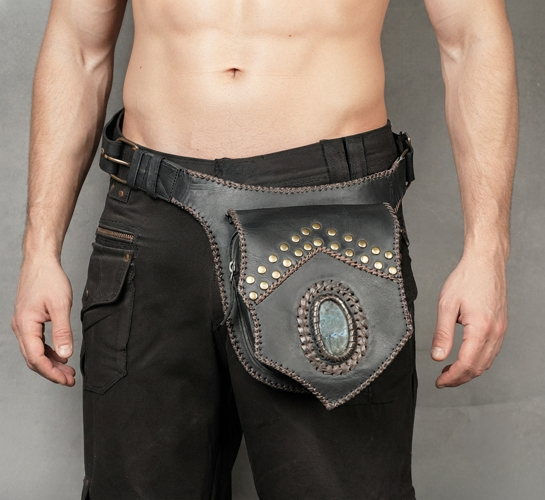 Black Leather Waist Belt Bag with Labradorite Stone, Studded Festival Hip Pouch