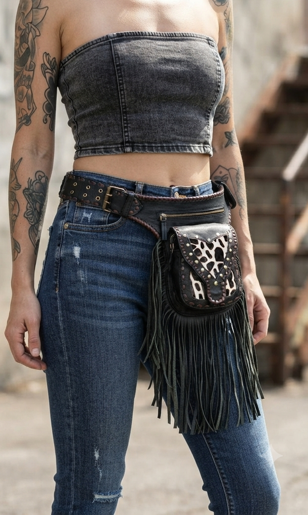 Black Leather Fringe Waist Belt Bag with Cow Print Detail and Antique Brass Hardware