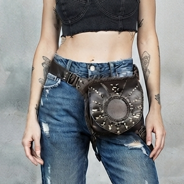 Handmade Brown Leather Waist and Thigh Belt Bag with Antique Brass Studs – Unisex Festival Utility Pouch