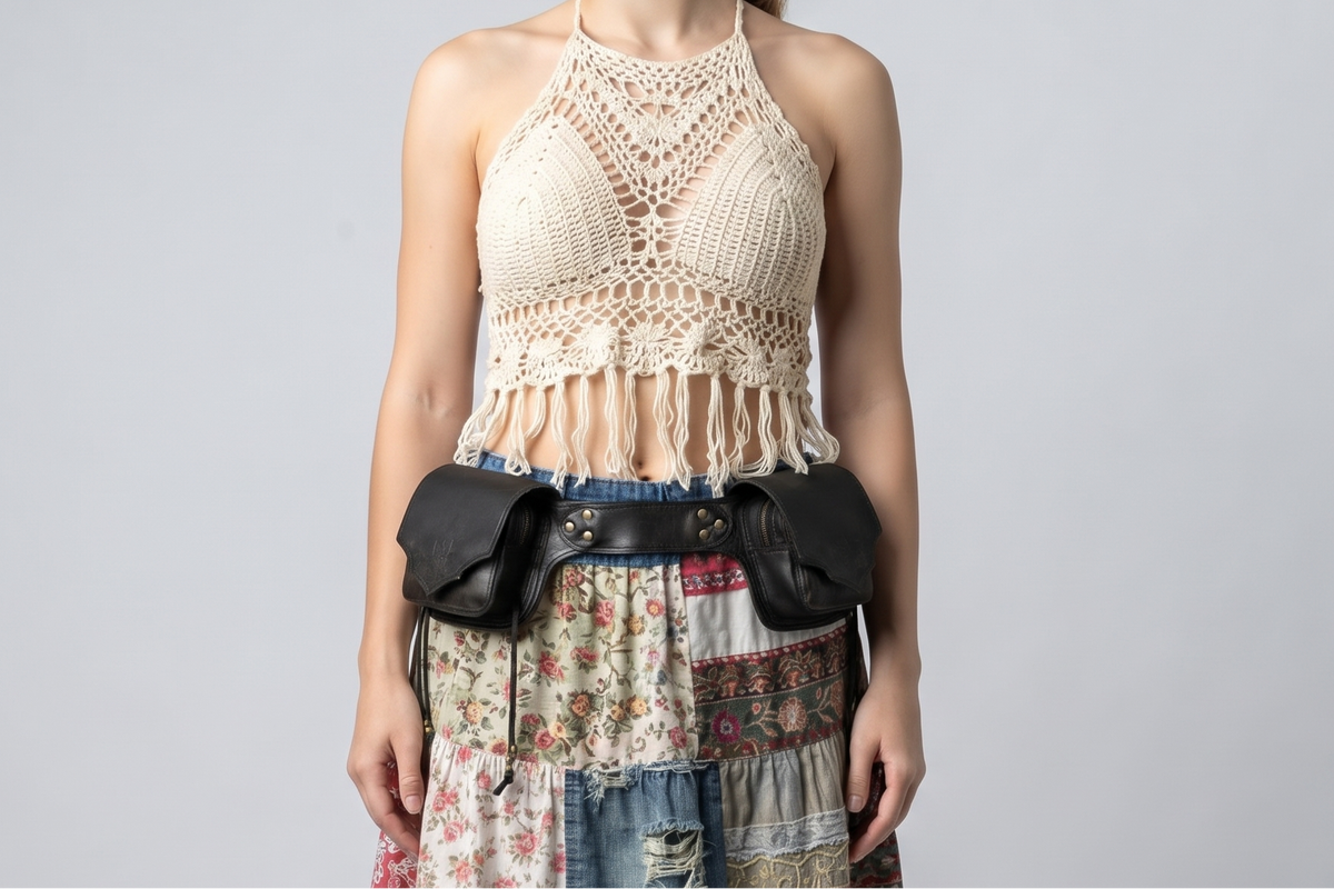 Black Leather Utility Hip Belt with Stone Accents and Brass Hardware