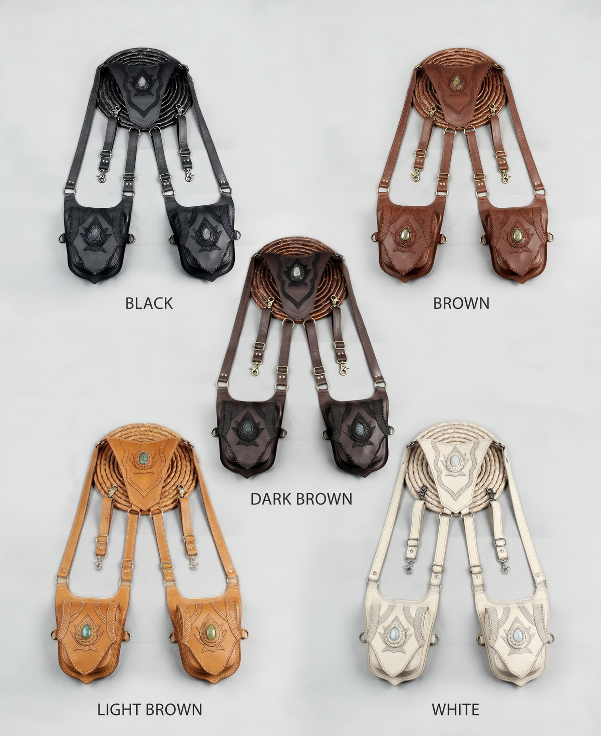 Festival wear leather harness with two hip pockets grey leather straps and decorative metal rings.