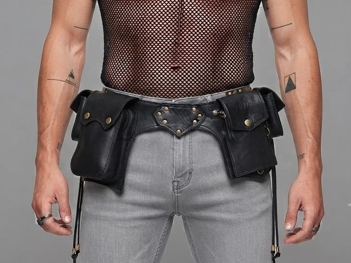 Handmade Black Leather Multi-Pocket Waist Bag with Antique Brass Hardware, Unisex Festival Utility Belt