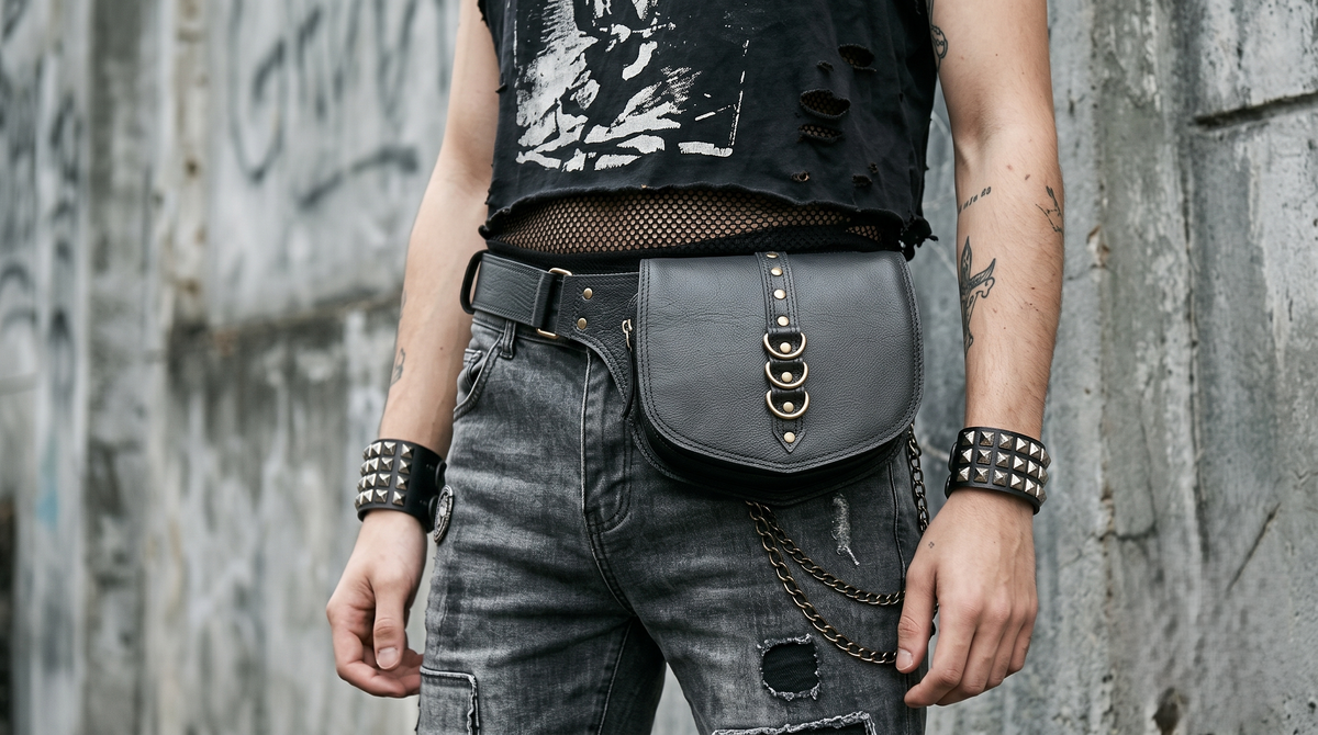 Unisex Handmade Black Leather Fanny Pack, Gothic Festival Hip Bag, Multi-Pocket Waist Bag