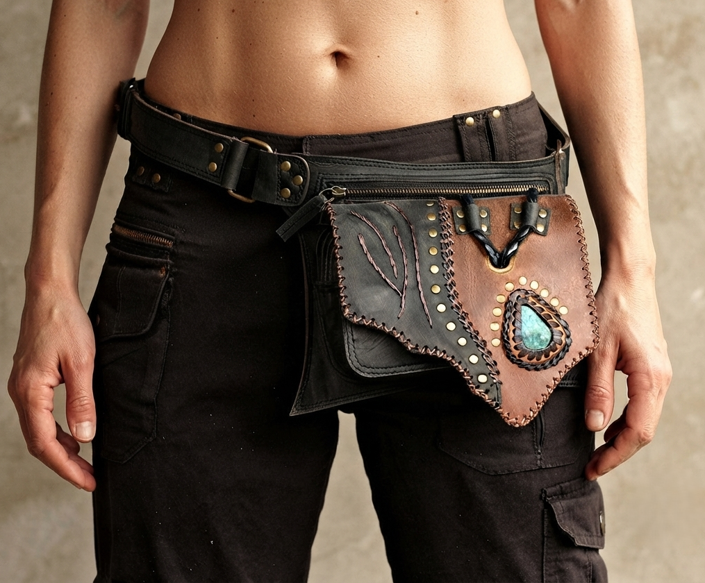 unisex,Two-Tone Leather Waist Belt Bag with Labradorite Stone, Zipper Pockets and Antique Brass Details