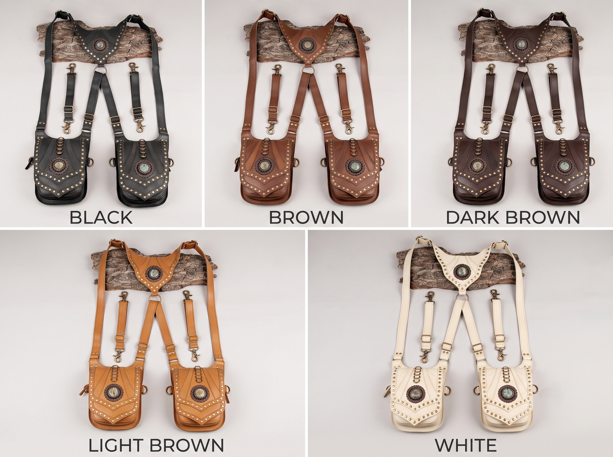 Two-pocket black leather harness bag for Burning Man and music festivals