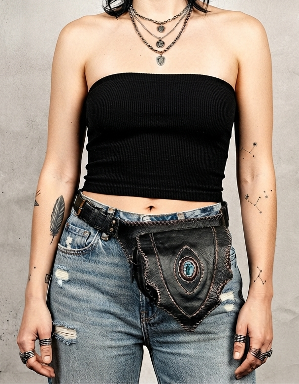 Handmade Black Leather Waist Belt Bag with Labradorite Stone and Antique Brass Hardware
