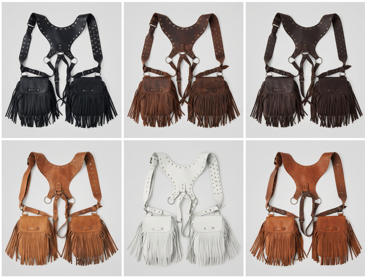 Western style leather fringe shoulder bag with two front flap pockets
 Copy