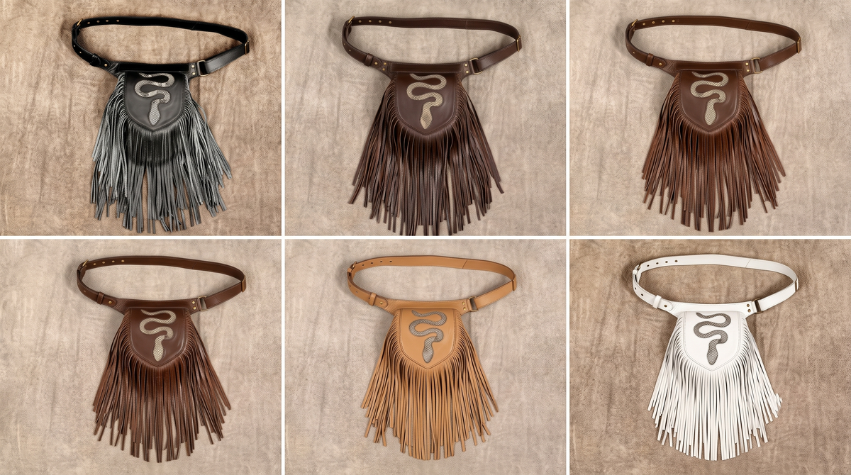Black Leather Fringe Waist Bag Natural Labradorite Festival Hip Belt Boho Western