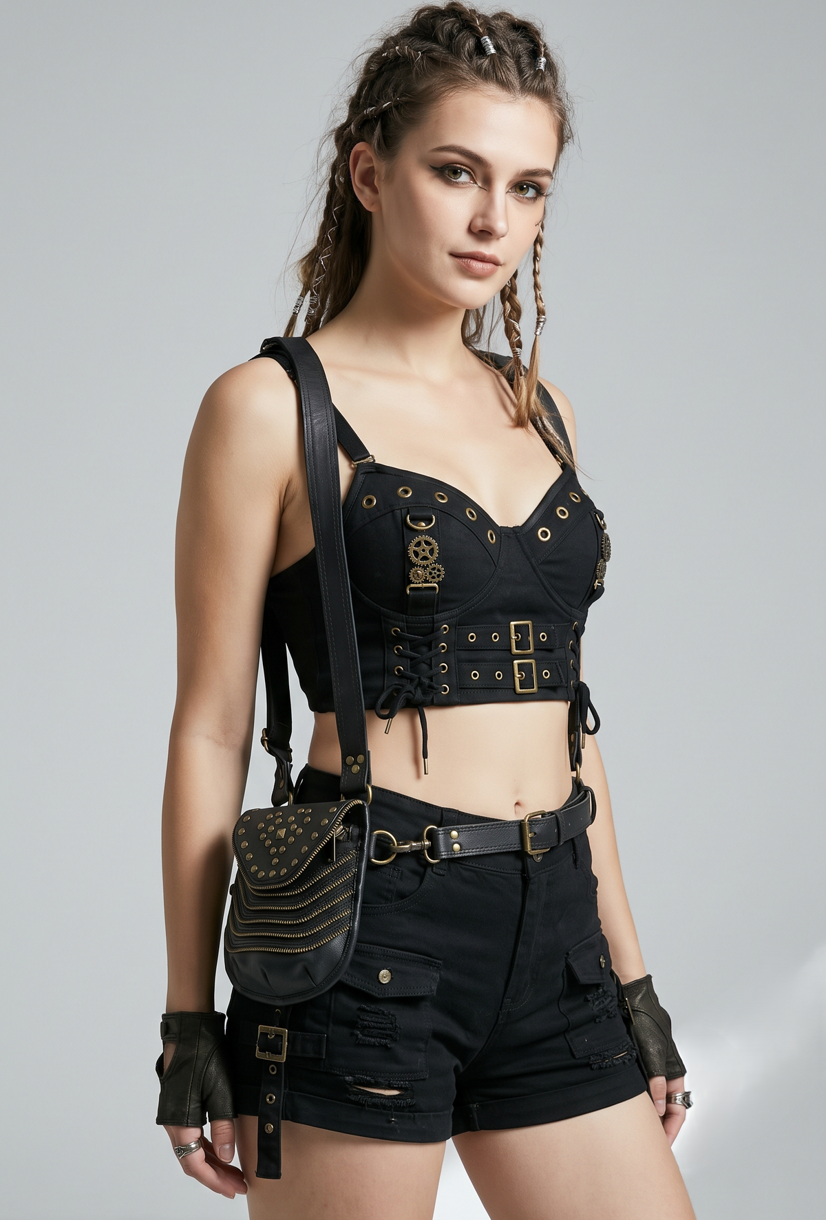 Unisex black leather double holster style bag with secure zippers and metal studs
 