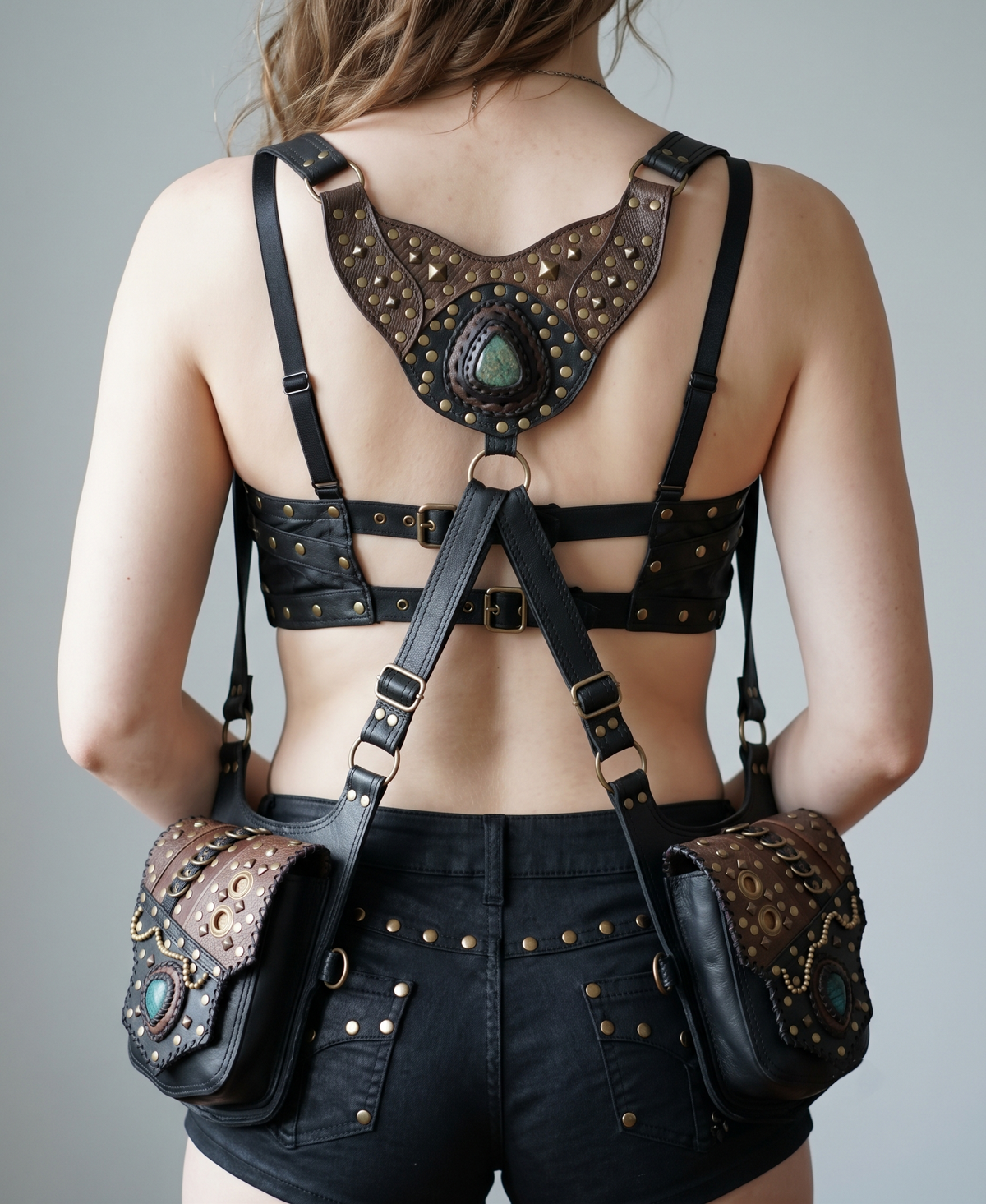 Handcrafted black and brown leather double hip pouch harness bag with turquoise stones and metal studs
 