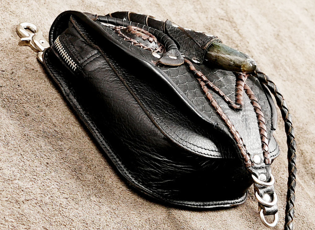 Gemstone leather belt pouch with antique brass clips
