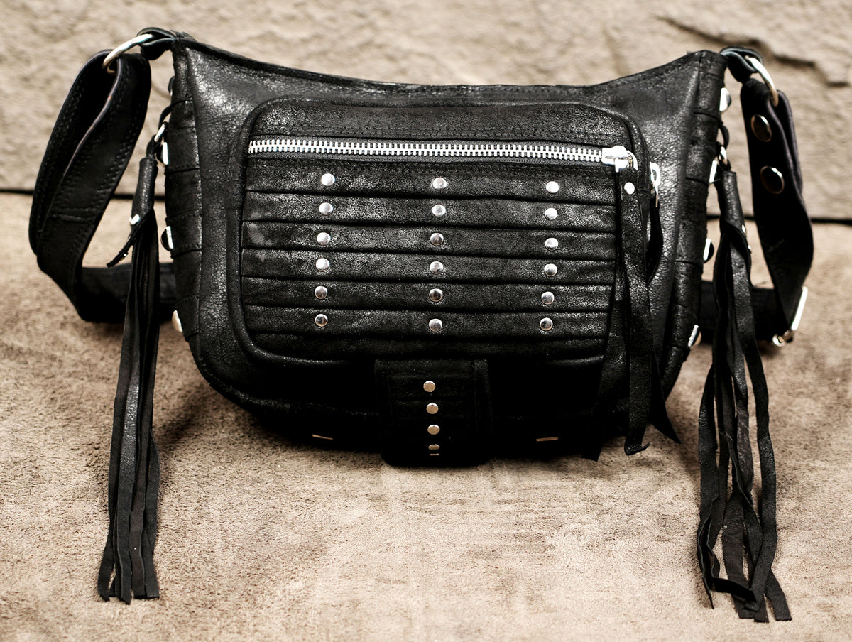 Genuine leather crossbody bag with distressed suede flap