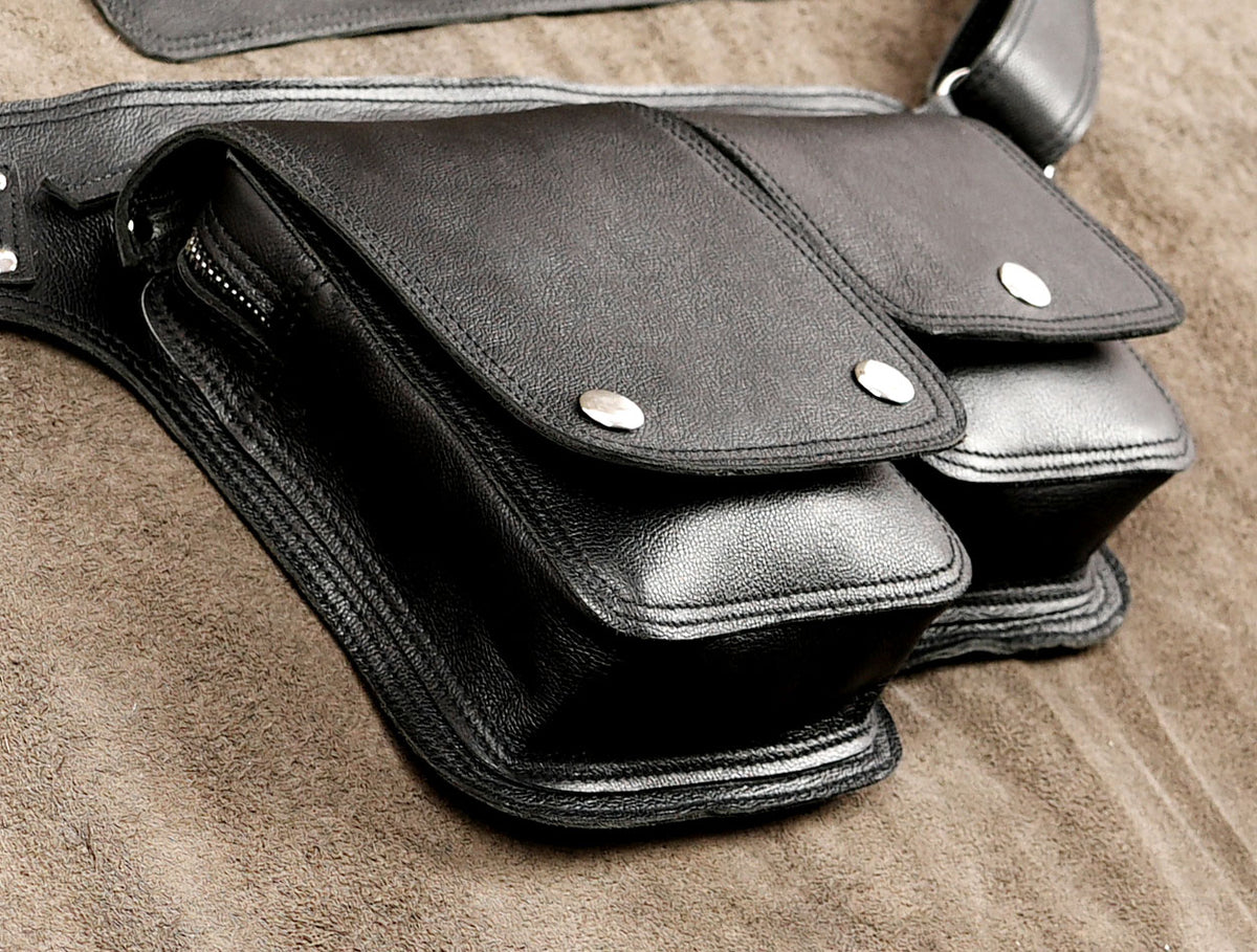 Genuine leather fanny pack styled on suede background