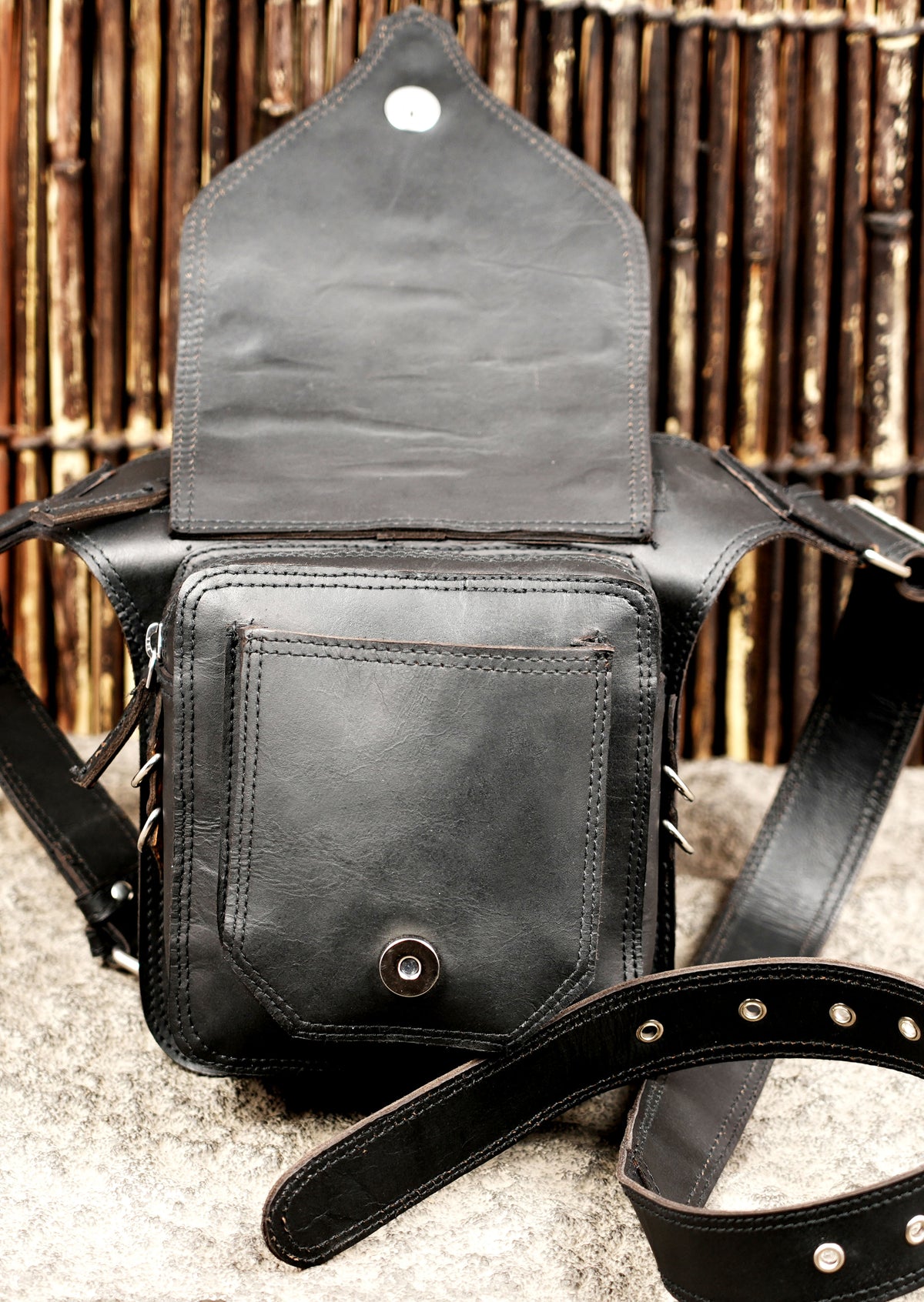 Genuine leather festival bag, full flat lay view