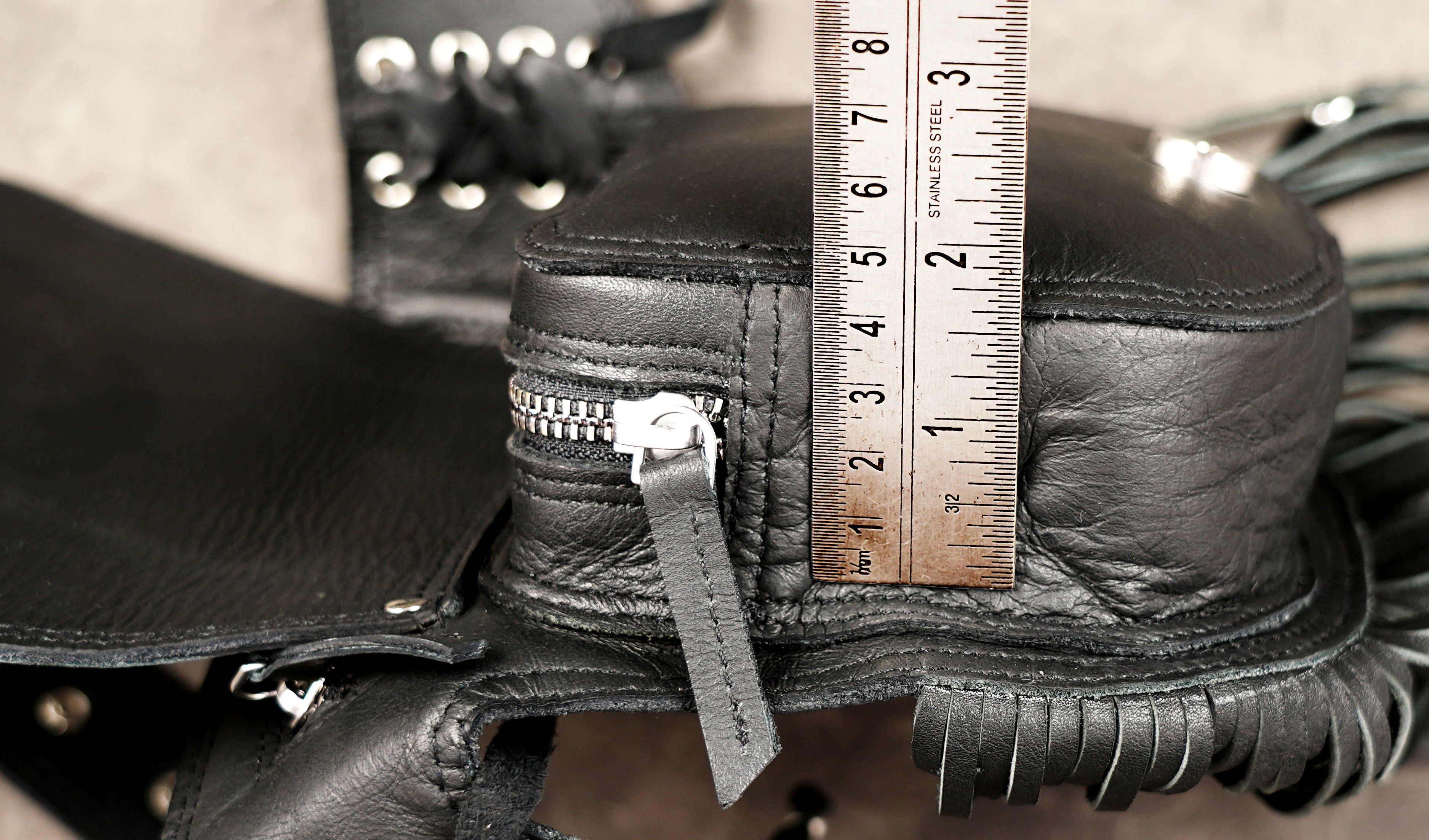 Genuine leather festival pouch with fringe and stud trim
