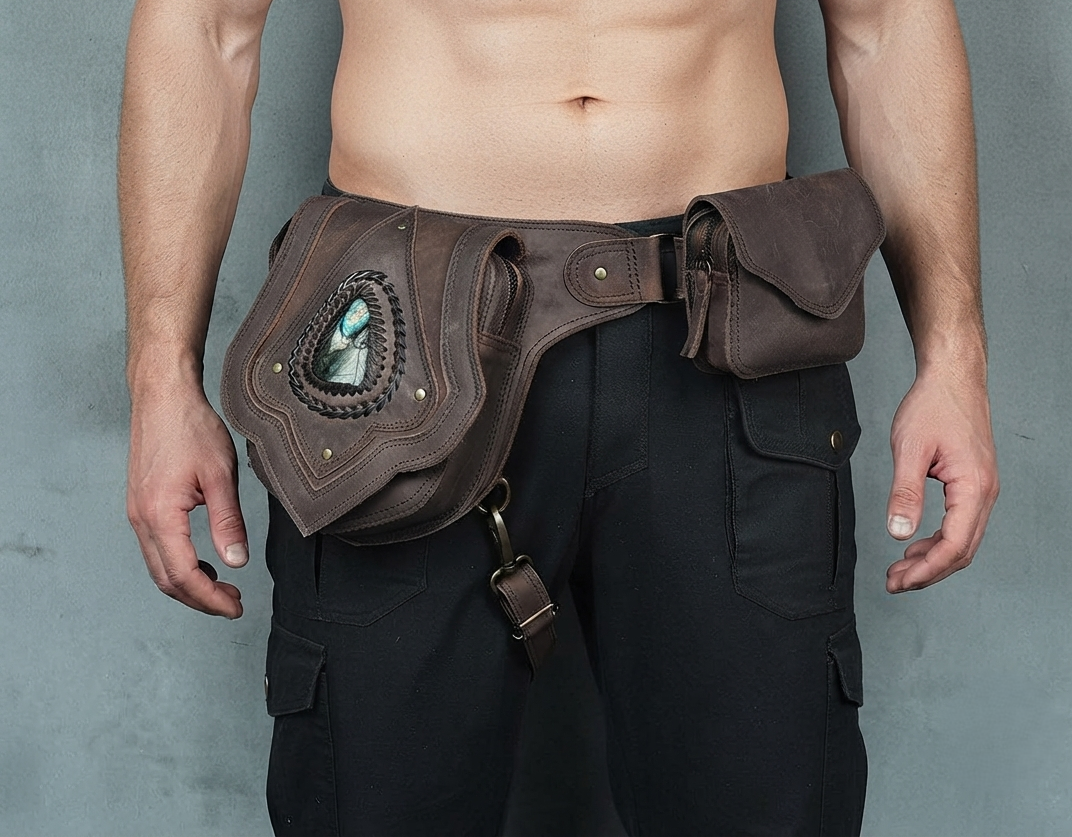 Genuine leather festival pouch with natural stone and strap
