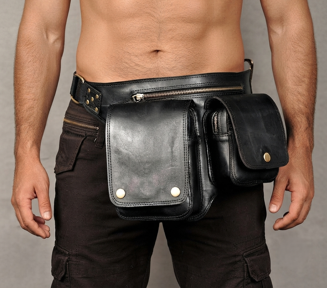 Genuine leather multi pocket bag, full flat lay view