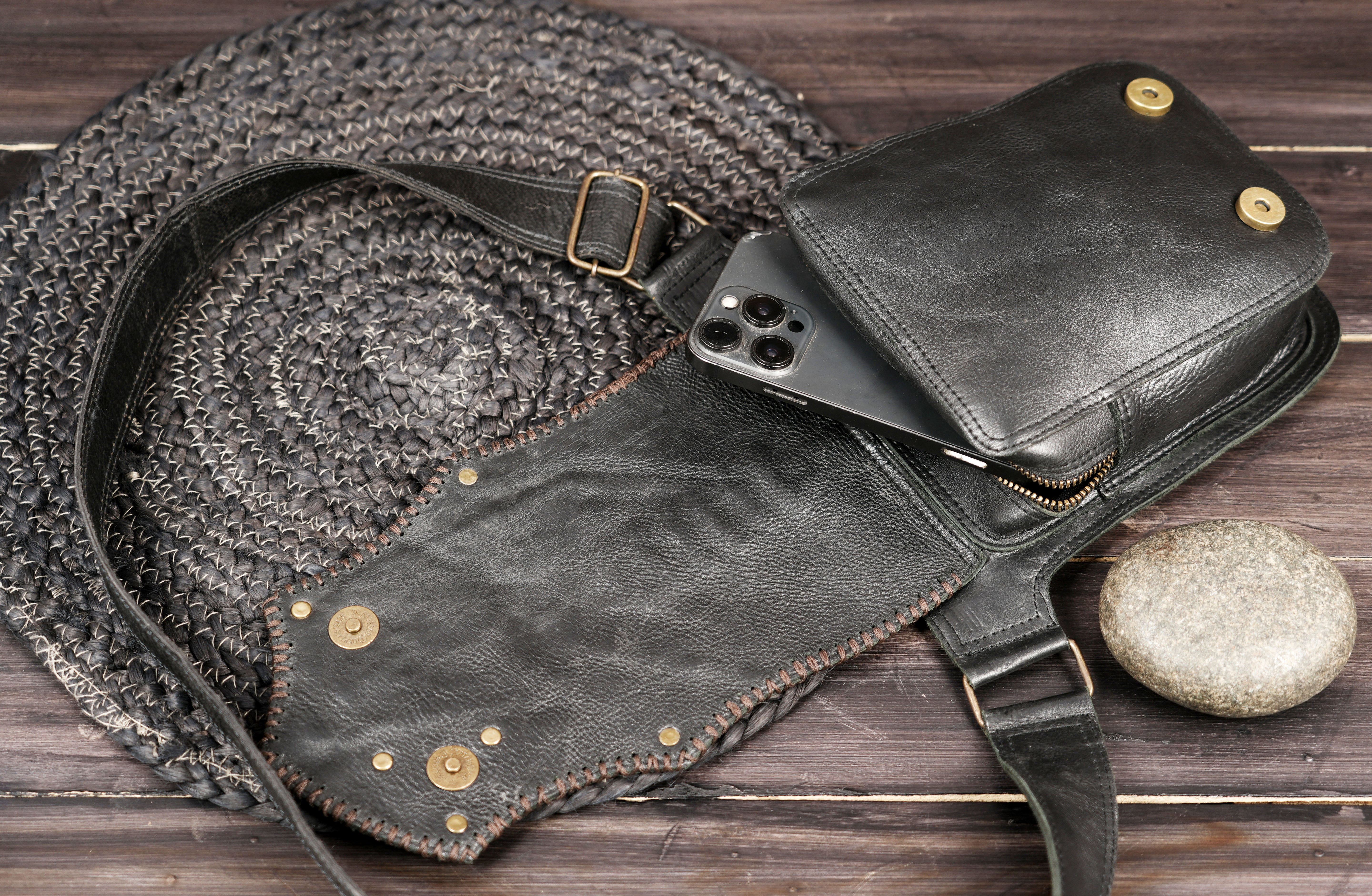 Genuine leather waist bag with punk stud design, top view