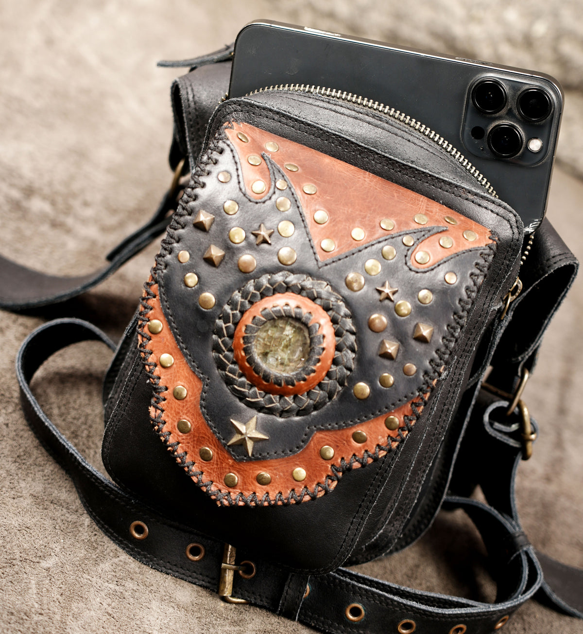 Genuine leather waist bag with studded star and stone design