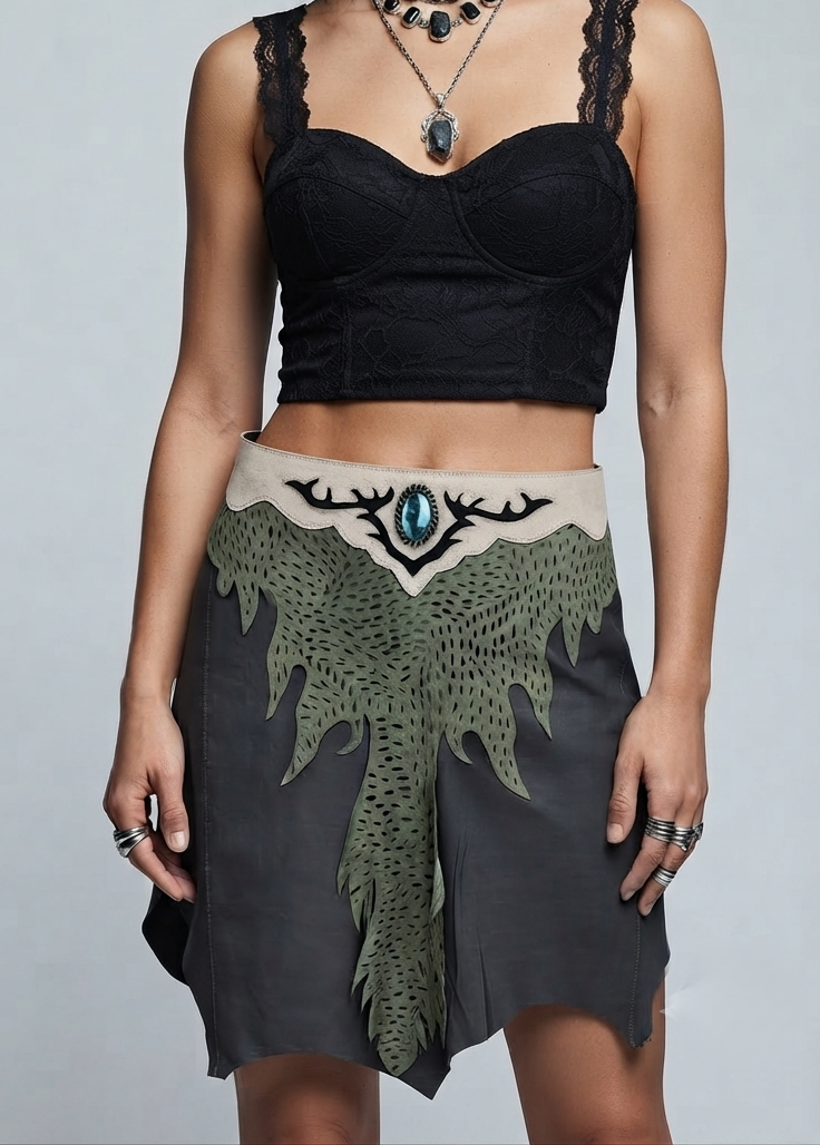 Genuine leather woodland skirt with laser cut leaf pattern