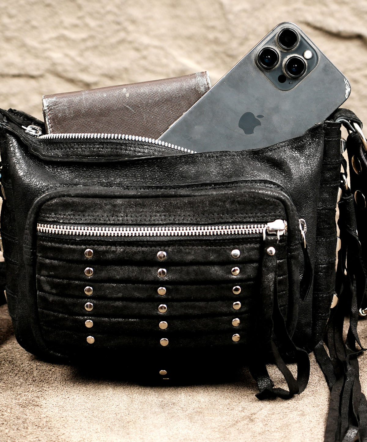 Genuine suede leather bag with silver hardware detail