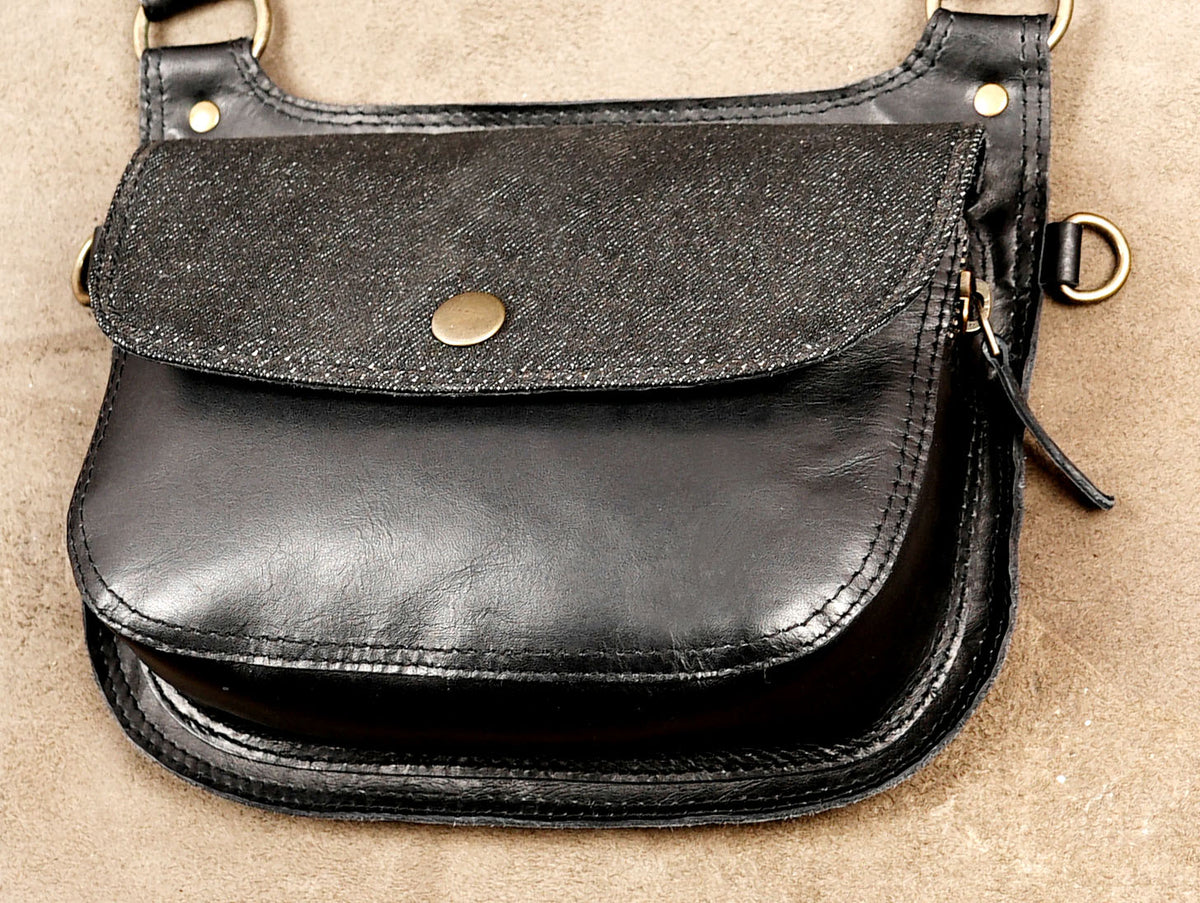 Handmade Black Leather Dual Pouch Harness Bag with Gold Tone Hardware