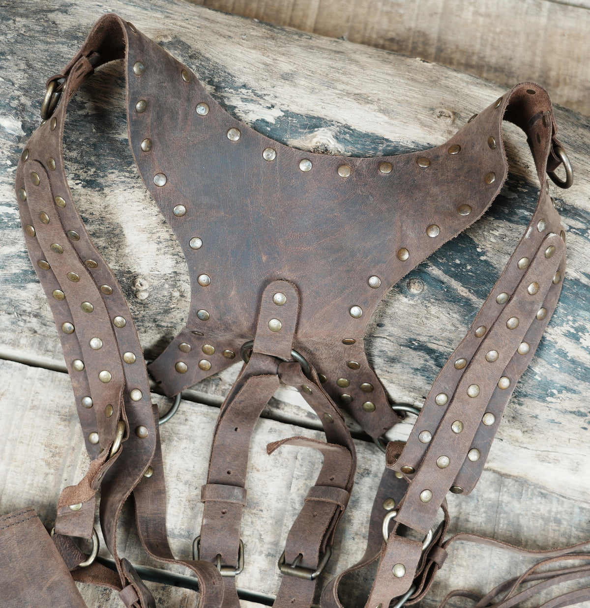 Brown Leather Chest Harness Bag with Fringe Pockets and Studded Yoke