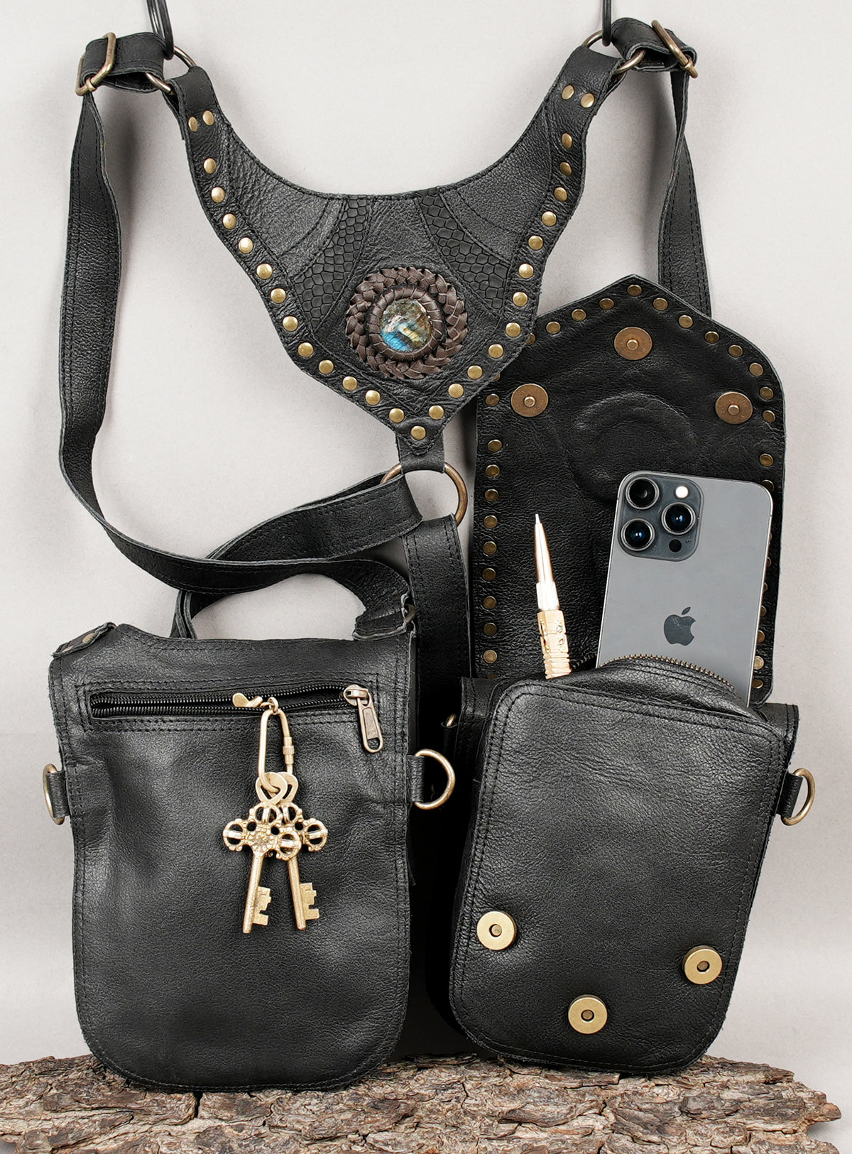Black double pouch belt harness for rave outfits and alternative fashion