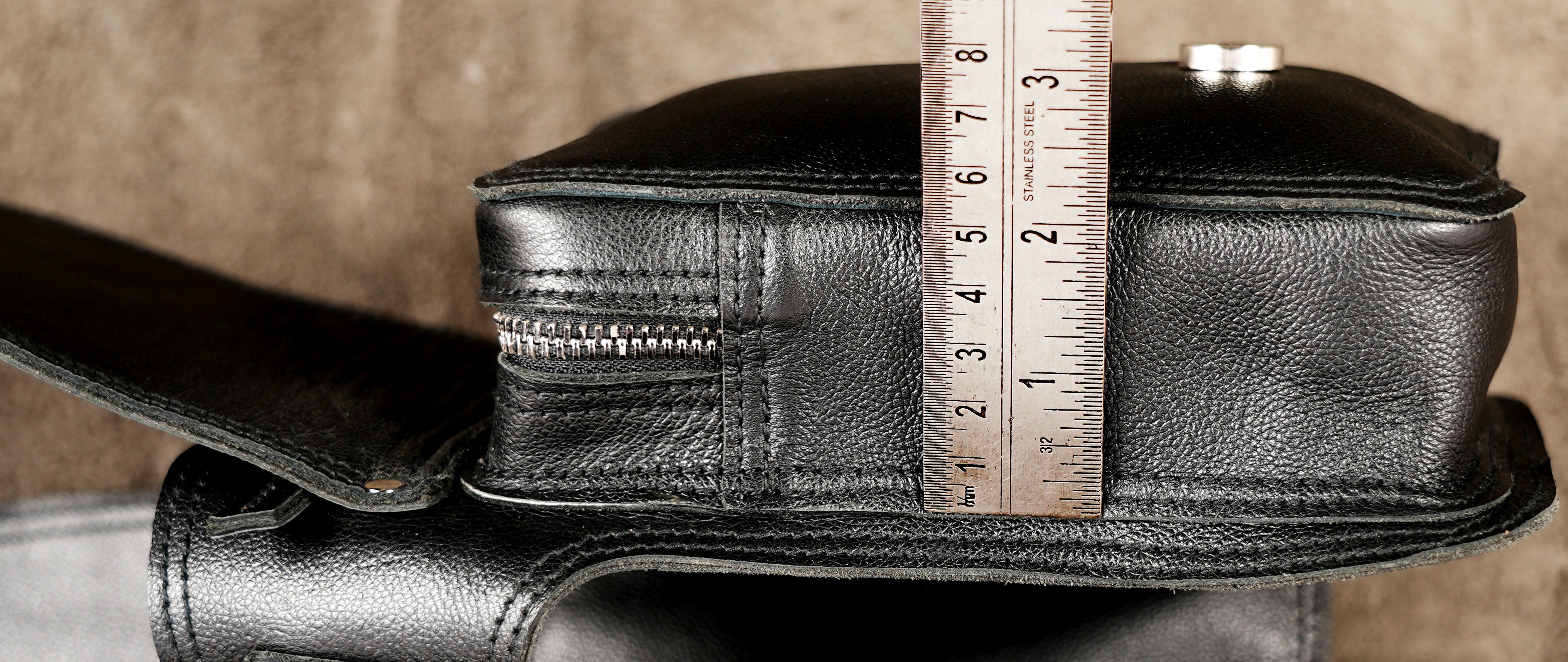 Genuine leather multi pocket bag, full flat lay view