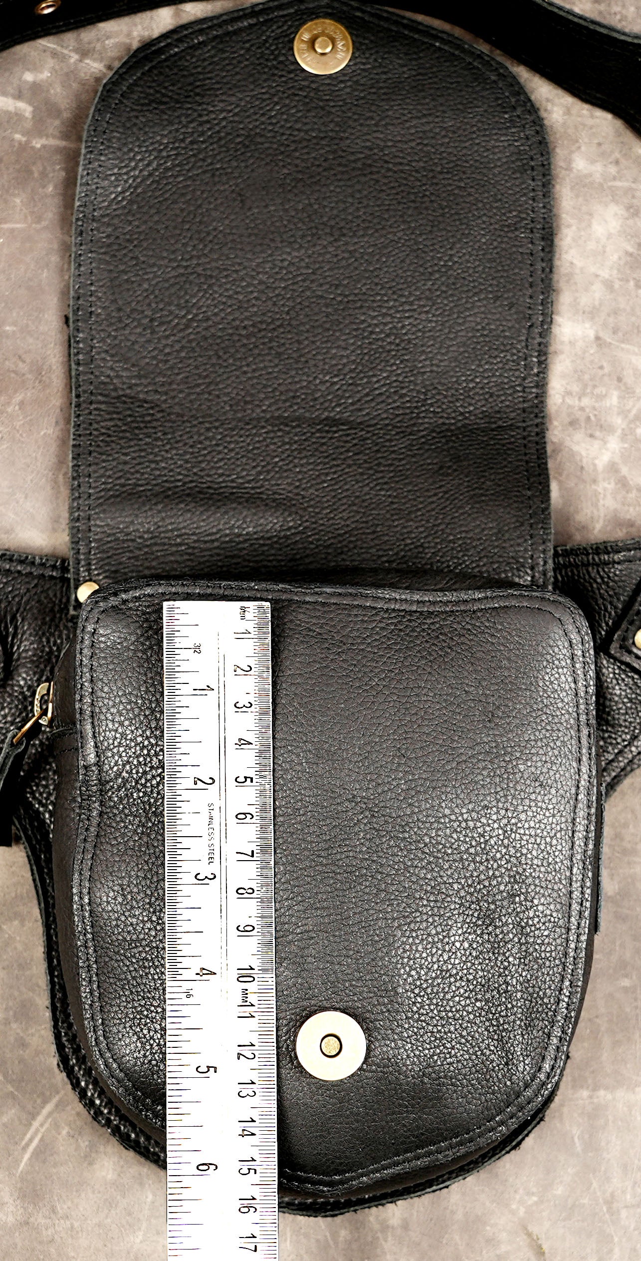 Gothic black leather belt bag with antique brass fittings