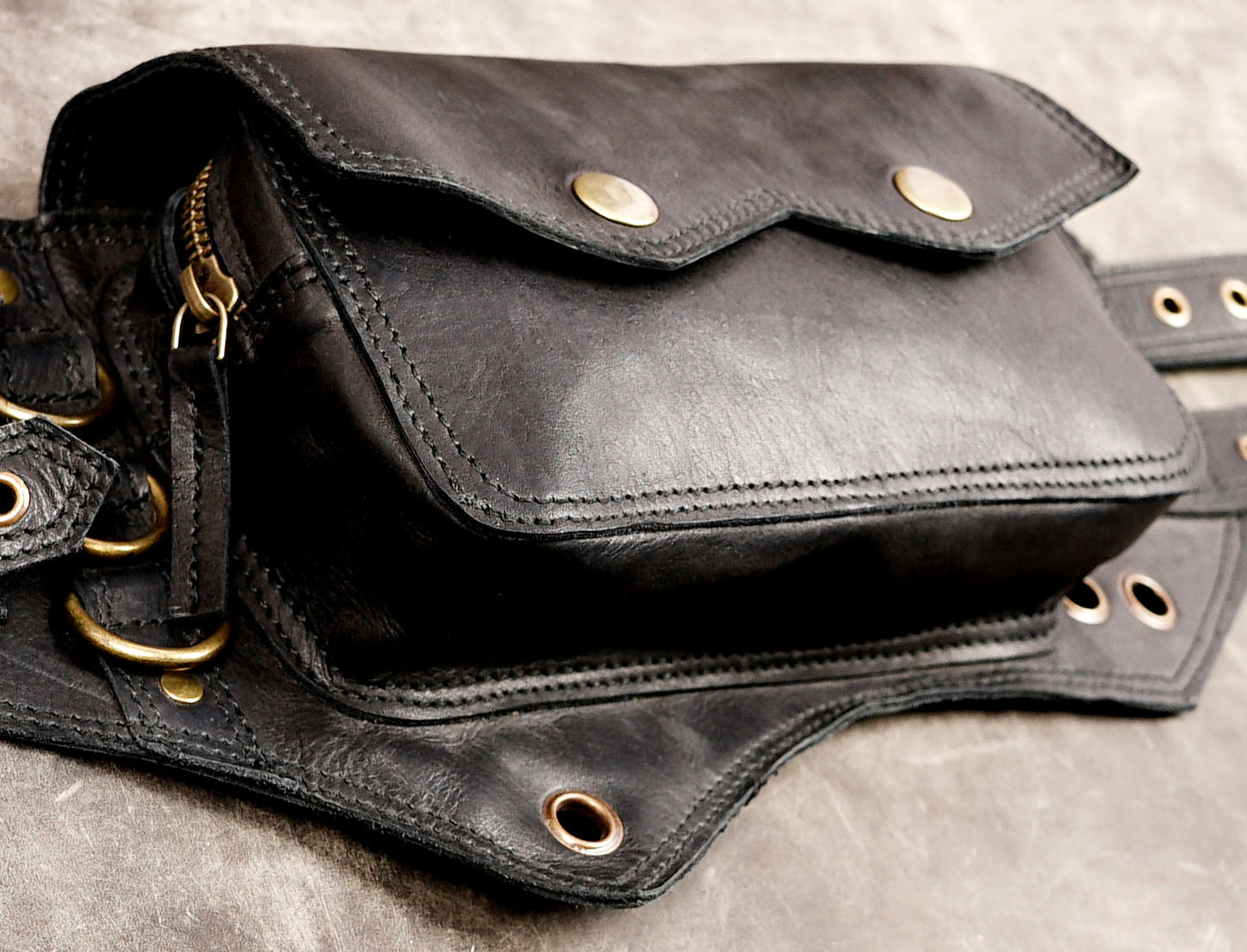 Gothic black leather utility belt bag for men and women