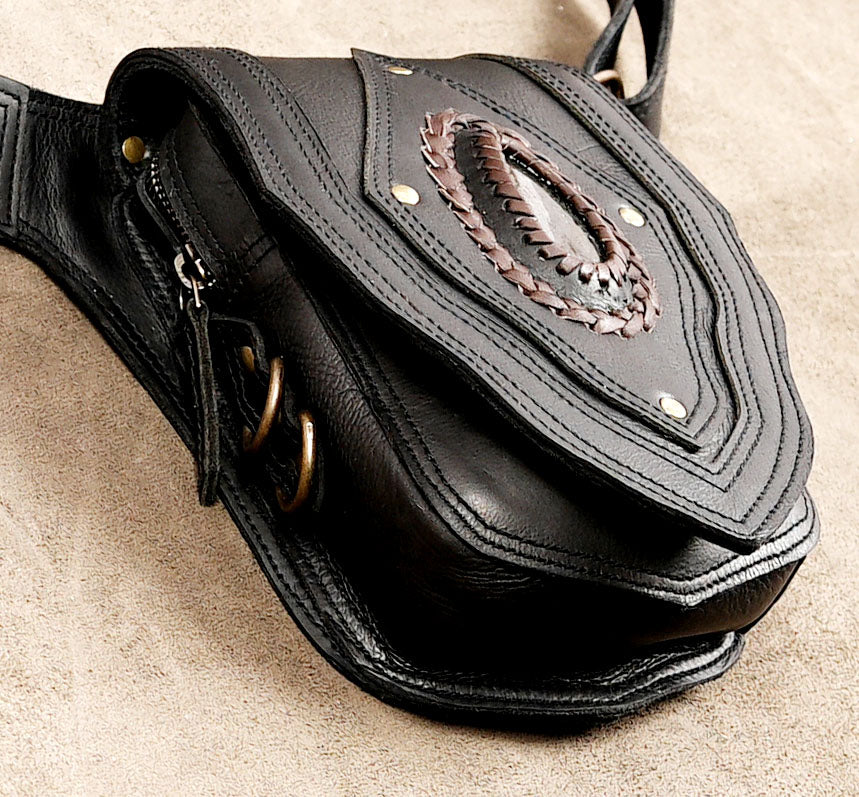Gothic black leather waist bag with decorative layered stitching